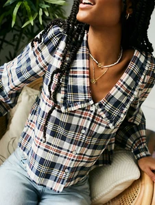 Urban Outfitters Womens Shirt Top Blouse Check Print Collar Button-Down Size M - Picture 1 of 6