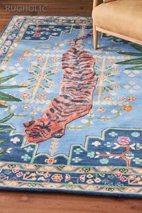 New Hand Tufted Woolen Area Rug ANTHRO BENGAL TIGER BLUE Carpet for Living Room - Picture 1 of 6