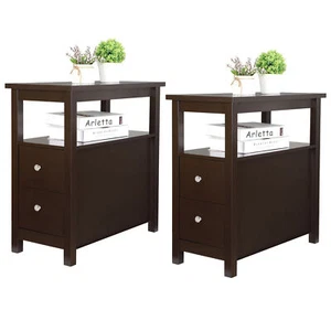 Set of 2 End Table Furniture MDF Bookshelf Storage Rack 2 Drawer for Living Room - Picture 1 of 12