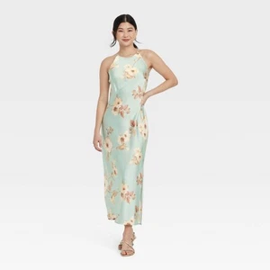 Women's Satin Halter Maxi Slip Dress - A New Day Mint Floral - Picture 1 of 3