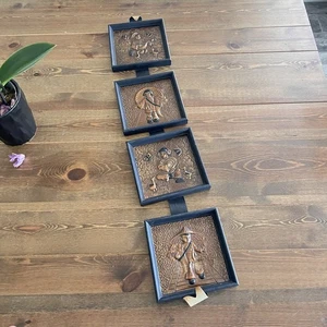 Vintage Copper Wall Plaque Pictures Asian 4-Frames Connected - Picture 1 of 10