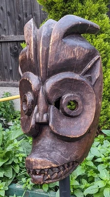 Antique African Tribal Horned Mask with Hinged Jaw Hand-Carved Wood Congo - Image 1 of 4