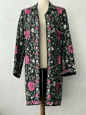 Abrigo/chaqueta de estudio SOPHIE CHANG 100 % seda Missy mediano negro bordado floral Foto 1 de 4