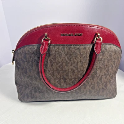 Bolso Bandolera Michael Kors Emmy Rojo Cuero Saffiano Cúpula Marrón Foto 1 de 4