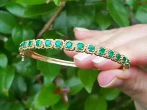 5Ct Round Cut Green Emerald Women's Pretty Bangle Bracelet 14K Yellow Gold Over - Picture 1 of 4