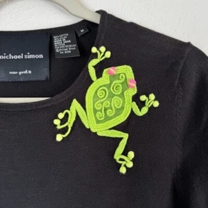 Michael Simon vintage black frog embroidered 3/4 sleeve top blouse M - Picture 1 of 9