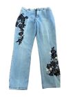 Lana Erica High Waisted Jeans With Black Lace and Embroidered Flowers Sz10