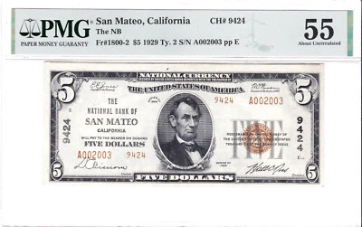 $5 1929 T2 National SAN MATEO California CA 🇺🇸 PMG Grade 55 About Unc. 🇺🇸 - Image 1 of 2