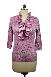 Ralph Lauren Damen rosa Oberteil PXS rosa Paisley Rüsche 3/4 Ärmel Strick Baumwolle - Bild 1 von 7