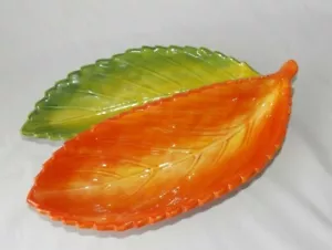 Dept 56 Ceramic Double Leaf Dish Server Green Orange 7" x 11" Fall Autumn Theme - Picture 1 of 12