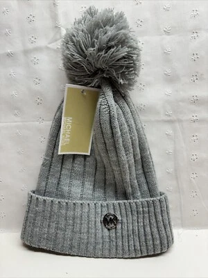 Gorro para mujer Michael Kors gris tejido acanalado pompón talla 1 nuevo con etiquetas Foto 1 de 4