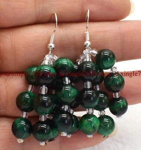 Pretty 8mm Natural Tiger's Eye Gemstone Round Beads Silver Hook Dangle Earrings - Picture 1 of 30