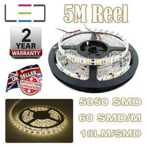 5M 12v WARM WHITE LED STRIP LIGHT 5050 300SMD 18LM/SMD 60SMD/m BRIGHT WATERPROOF - Picture 1 of 11