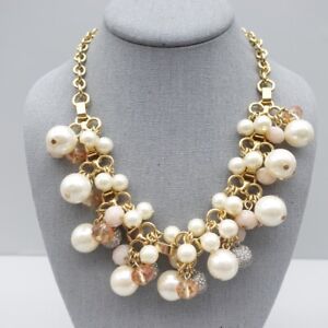 Talbots Necklace Statement Beaded Bib Faux Pearl Cluster Gold Tone 18 Inch