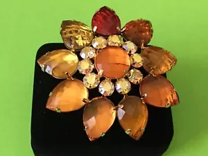 Vintage Joan Rivers Bold Orange Yellow Red & AB Rhinestone Flower Brooch Pin - Picture 1 of 12