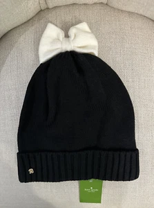 NWT NEW Kate Spade Winter Knit Hat Colorblock Bow Beanie Black White One Size - Picture 1 of 5