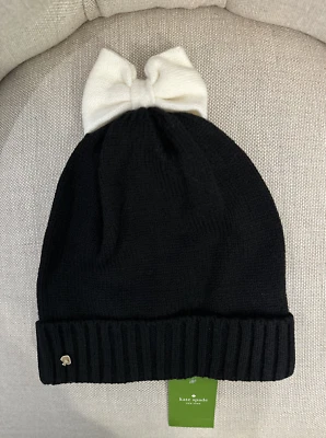 NWT NEW Kate Spade Winter Knit Hat Colorblock Bow Beanie Black White One Size - Image 1 of 4