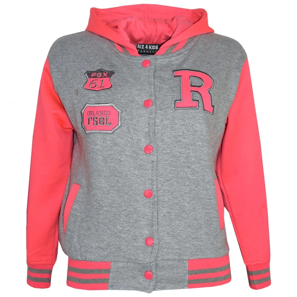 A2Z 4 KIDS Kinder Baseball Kapuze grau & neon pink NYC/FOX Jacke Varsity Style Mantel Mädchen