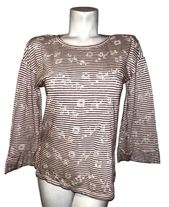 New LUCKY BRAND Top Women's Size S Red Eyelet Stripe 3/4 Cuffed Slv Tee T-Shirt - Picture 1 of 6