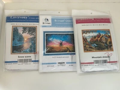 LOTE DE 3 kits de punto de cruz de paisaje estampado bordado cabina nieve molino de viento NUEVO Foto 1 de 4