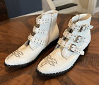Nastygal Genuine Leather Western Pin Stud Triple Buckle White Boots Womens 8