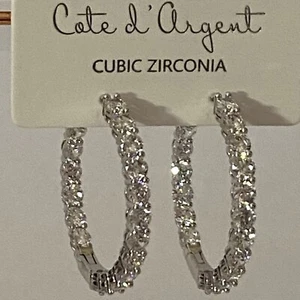 Cote d Argent 1 & 3/8" Zirkonia Runde Creolen Klappverschluss Ohrringe NEU - Bild 1 von 7