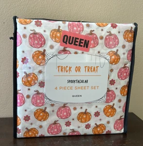 Trick Or Treat Sheet Set New Queen Pumpkins Orange Pink Halloween Floral - Afbeelding 1 van 2
