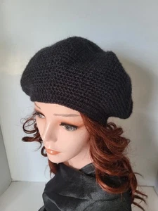 Handmade Crochet BERET Hat Unisex Acrylic Size M/L Black Soft Warm Lightweight - Picture 1 of 12