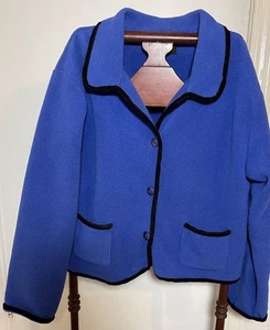 Harris Wallace Jacket Fleece Lg Blue Rounded Collar Button Up Black Velvet Trim - Picture 1 of 13