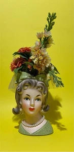 Vintage RELPO Lady Head Vase K1696 Green Bow - RELPO Sticker - Picture 1 of 7
