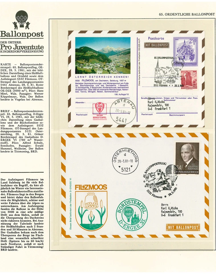 Ballonpost Pro Juventute - zwei Belege aus Sieger-Abo laut Abbildung (50430) - Bild 1 von 1