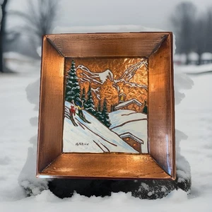 Original Signed Albert Gilles Art Enamel Framed Skiing On The Mountain Plaque - Picture 1 of 10