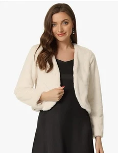 Allegra K Cropped Jacket for Women's Faux Fur with Pockets Long Sleeve Wedding - Picture 1 of 5