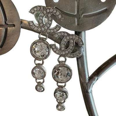 CHANEL Women's Stunning Silver Strass and Crystal CC Long Dangle Earrings - NWT - Image 1 of 4