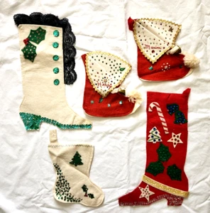 Vintage Felt Christmas Stockings Boots Handmade Lot of 5 - Picture 1 of 4