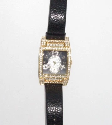 Reloj con correa de cuero genuino GOSSIP negro dorado estrás cristal brillante elegante Foto 1 de 4
