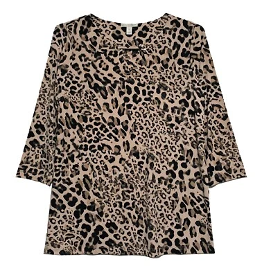 Dana Buchman, Shades of Brown Notched V-neck Leopard Print Pullover Top, size L - Image 1 of 4