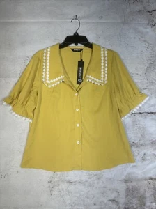 Allegra K Women's Sweet Peter Pan Contrast Collar Short Sleeves Button Up Shirts - Picture 1 of 6
