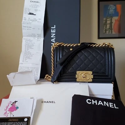 $6700 Chanel boy Black caviar Gold Hard Ware Small  Crossbody Flap Bag Receipt  - Image 1 of 4