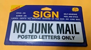 'NO JUNK MAIL'  PEEL AND STICK SIGN, BUSINESS SIGN W SELF ADHESIVE | HYT - Imagen 1 de 3