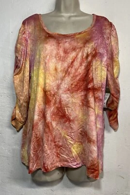 NUEVO CON ETIQUETAS Camisa Erin London XL Top Rosa Amarillo Arrugado Manga 3/4 Acanalada Elástica  Foto 1 de 4