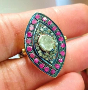 Rose Cut Polki Diamond Ring, 925 Silver Statement Ruby Gemstone Beautiful Ring - Picture 1 of 6
