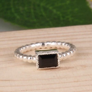 Natural Black Spinel 925 Silver Rectangle Shape Gemstone Ring For Birthday Gift - Picture 1 of 5