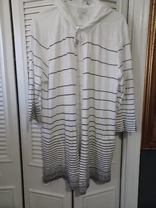 Weekends by Chico's White/Black Striped 3/4 Sleeve Hood 3 - Picture 1 of 4