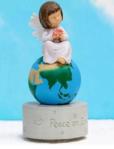 Hand Painted Angel Figurine Music Box  Earth Design Peace on Earth Engraving - Picture 1 of 8