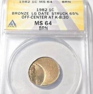1982 1C Bronze Large Date, Lincoln Cent, Struck 65% Off Center At K-8:30- MS 64 - Picture 1 of 6