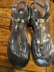 Calvin Klein Sz 8.5 Snake Print Thong Samira Flat Sandals Faux Silver Decal - Picture 1 of 4