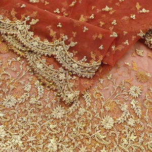 Indian Vintage Heavy Bridal Dupatta Pink Net Mesh Stole Hand Embroidered Veil - Picture 1 of 22