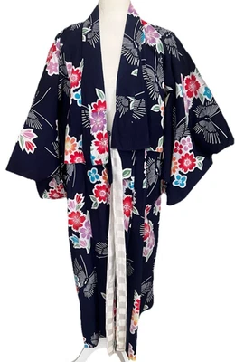 Bata Kimono Japonesa Vintage Estampado Floral Asiático Azul Marino Blanco Adulto Talla Grande Algodón Foto 1 de 4