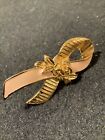 Vintage Antique Pin Brooch Designer Signed Avon Gold Tone Pink Bow Breast Cancer